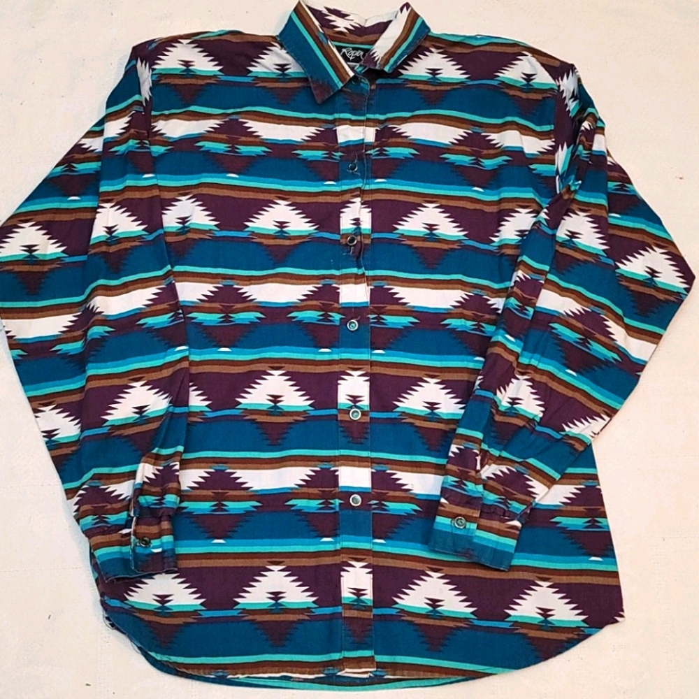 VTG Roper top western 90s button down blue brown